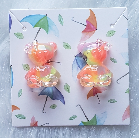 Handmade Rainbow Bear with Bows Stud Earrings - Reacts to UV Light - Picture 8 of 8